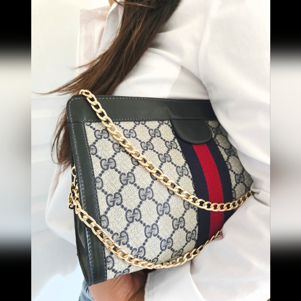 Authentic GUCCI GG Logo‎ Vintage Clutch WOC Crossbody Leather Shoulder Bag Blue